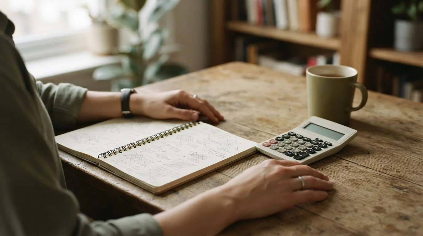 Manos calculando sobre cuaderno con anotaciones abstractas y calculadora