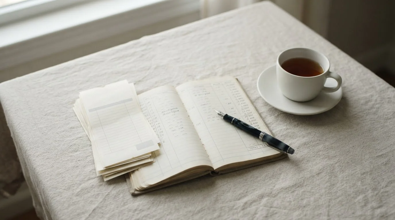 Recibos en blanco y cuaderno con columnas de cálculo sobre una mesa