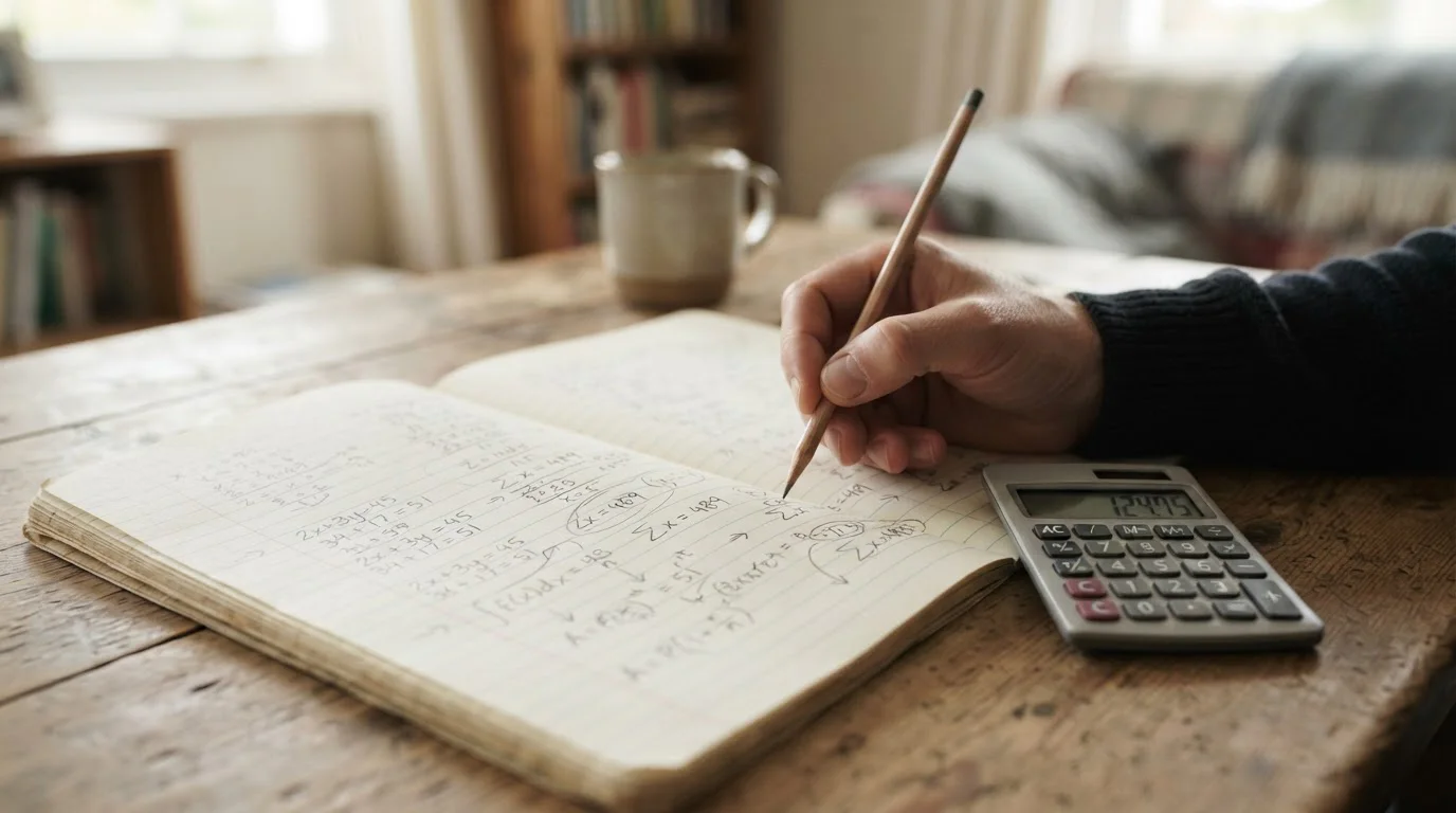 Cuaderno con cálculos manuscritos y una calculadora sobre la mesa