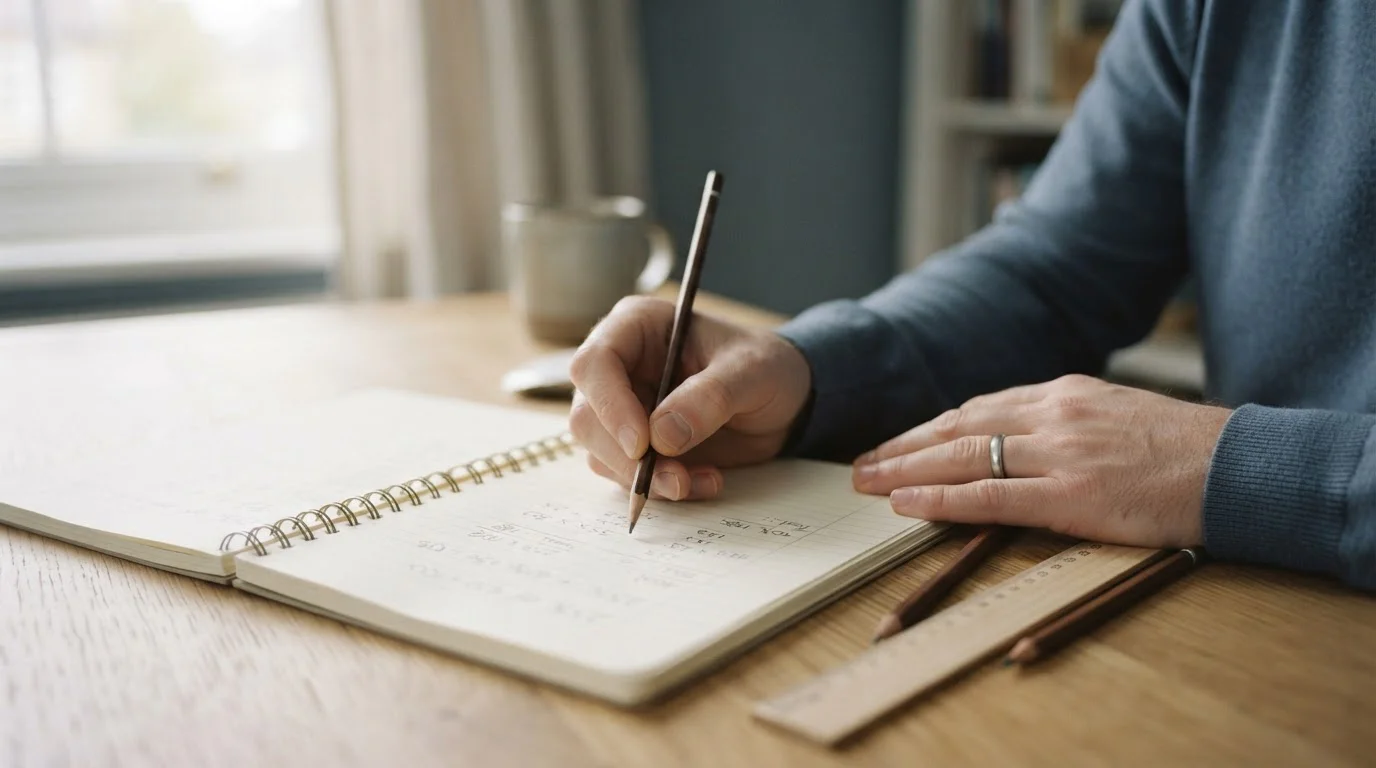 Manos anotando cálculos junto a un cuaderno con columnas y porcentajes