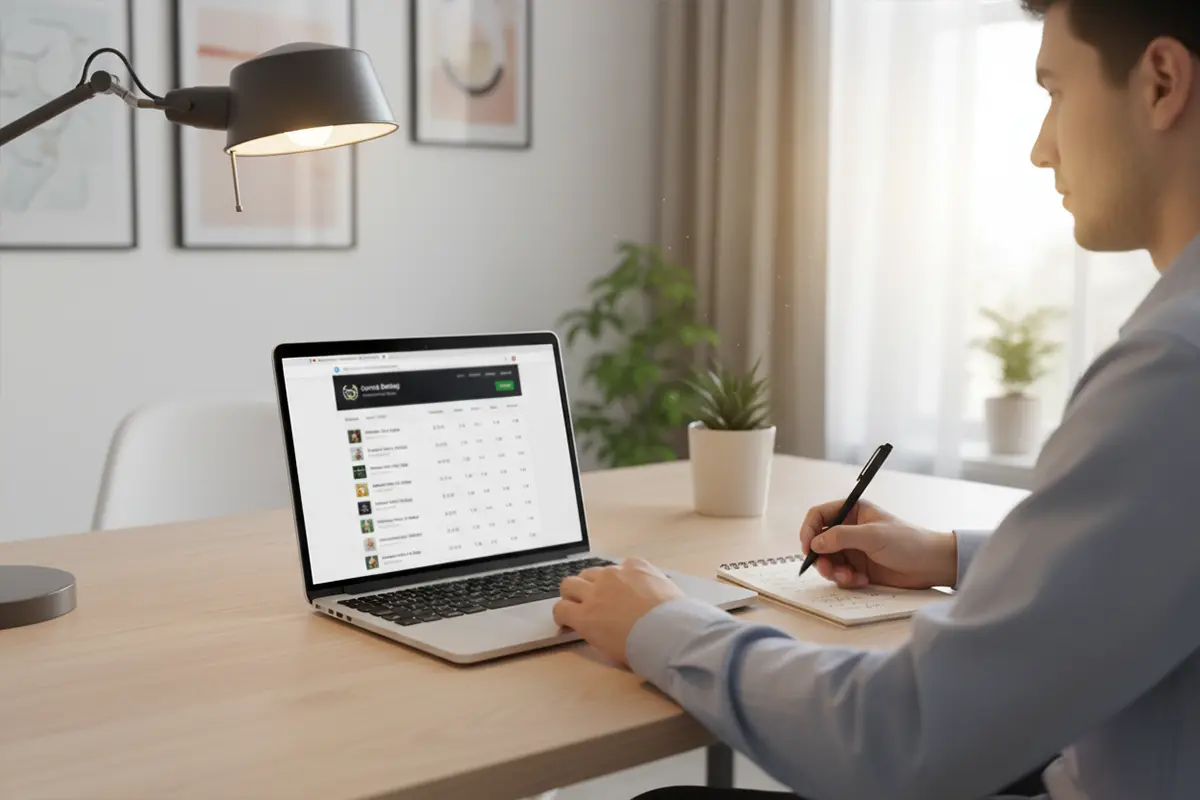 Apostador analizando cuotas decimales de tenis en una pantalla de ordenador portátil