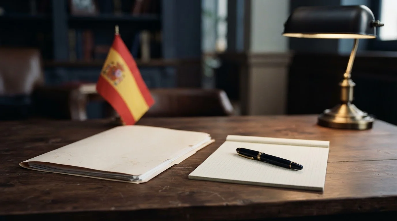 Carpeta de documentos y bolígrafo sobre una mesa de despacho junto a una bandera pequeña