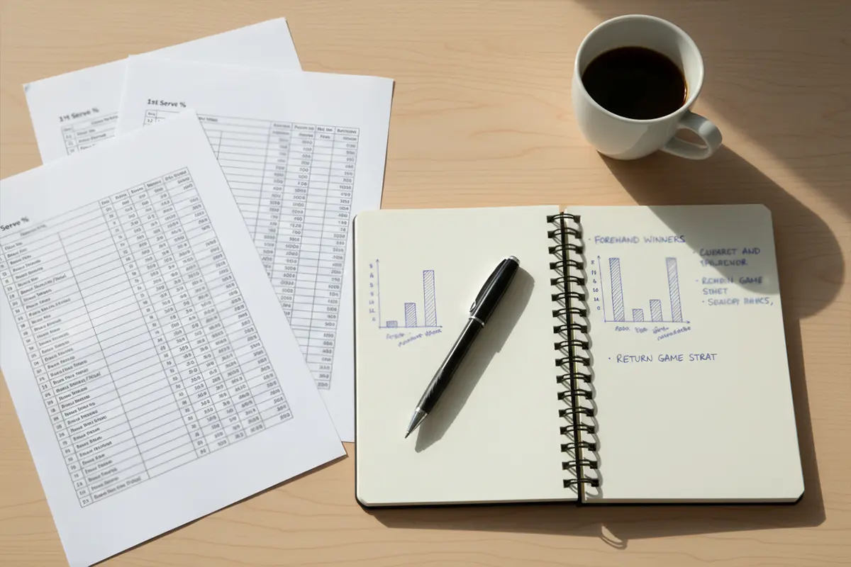 Persona tomando notas en un bloc junto a estadísticas de tenis impresas sobre una mesa de trabajo