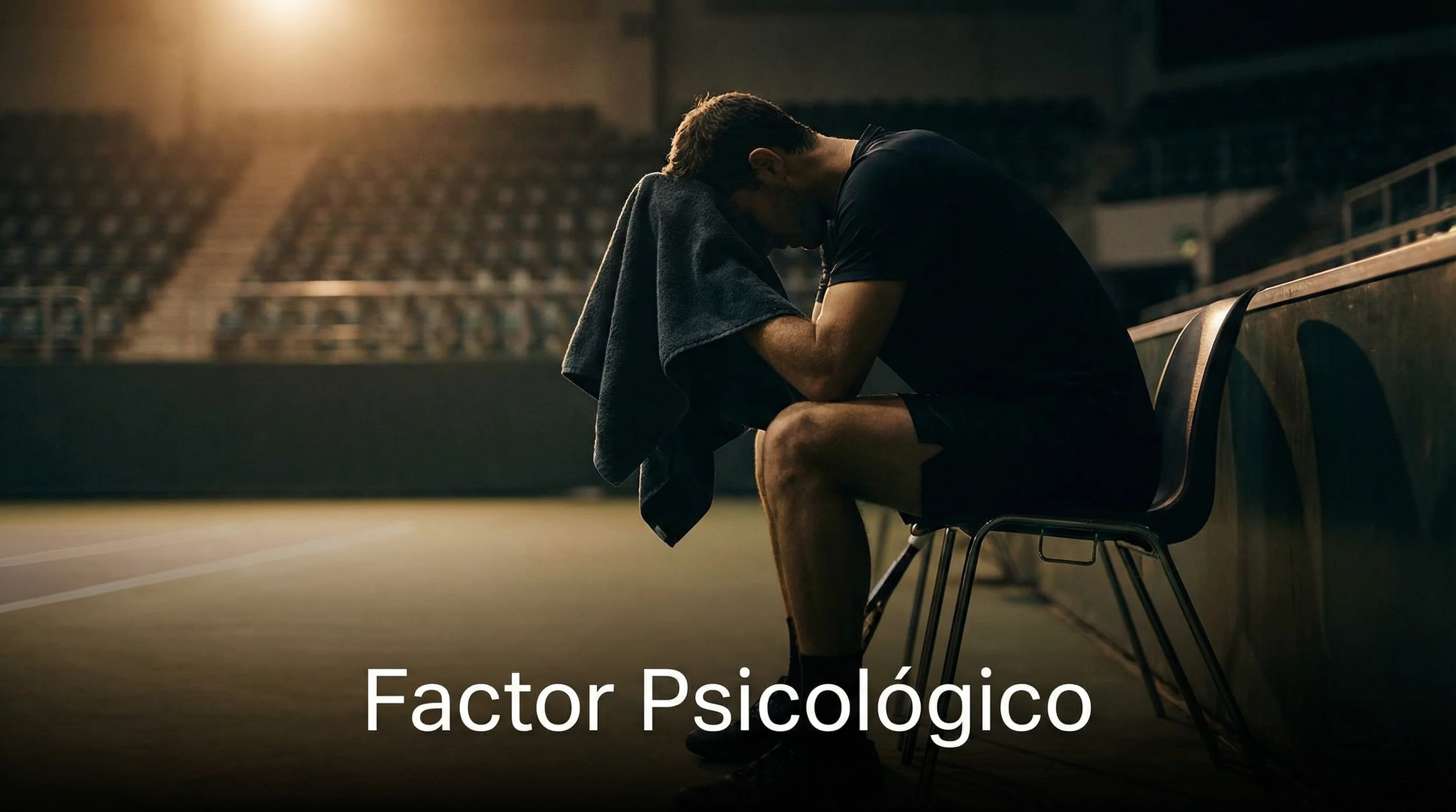 Tenista sentado en la silla durante un descanso con gesto de concentración