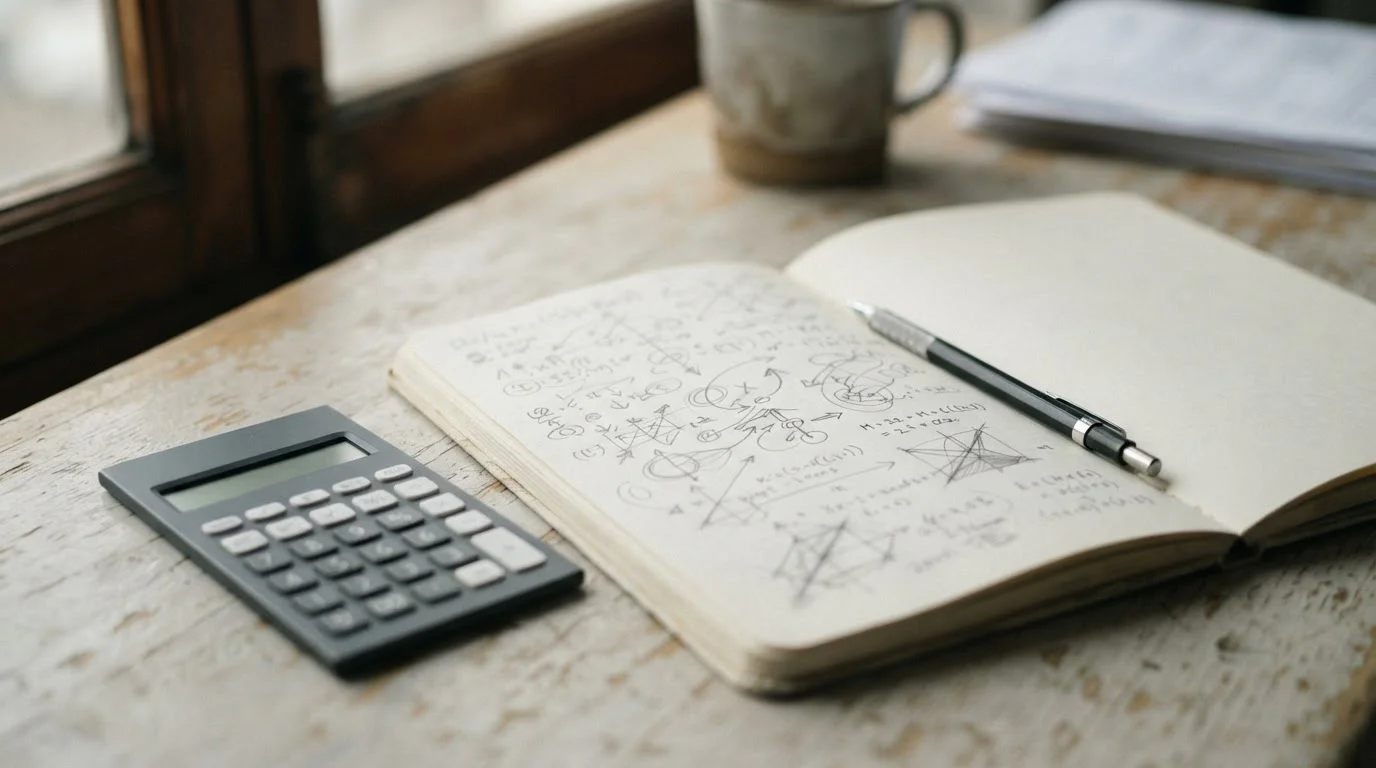 Cuaderno con anotaciones abstractas y una calculadora sobre una mesa clara
