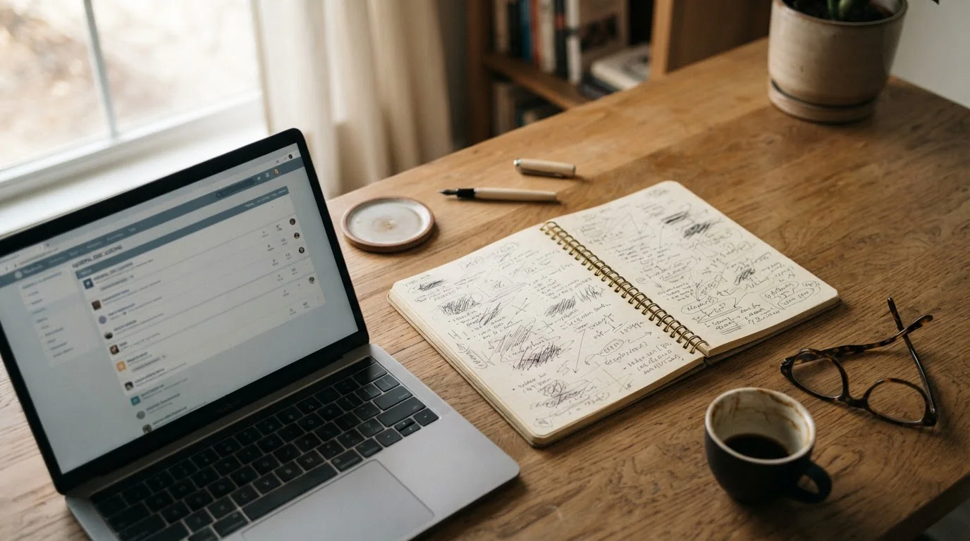 Mesa de trabajo con cuaderno de notas y pantalla mostrando un foro genérico de apuestas deportivas