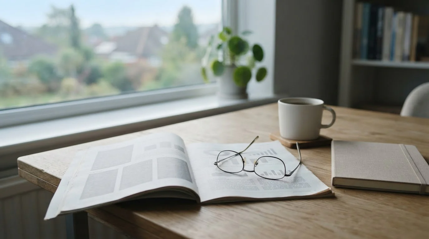 Escritorio con documento sobre freebets y taza de café bajo luz natural