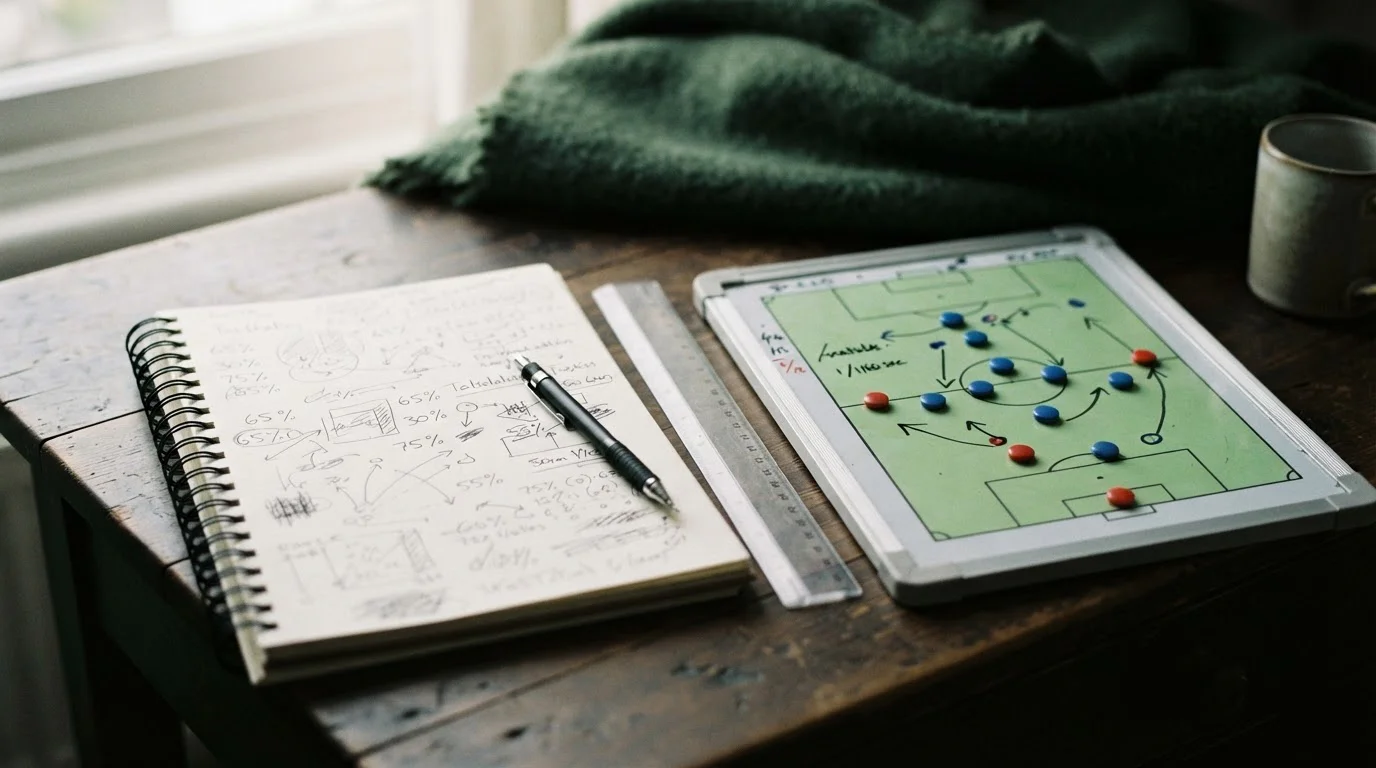 Cuaderno con cálculos de porcentajes junto a una pizarra táctica de fútbol