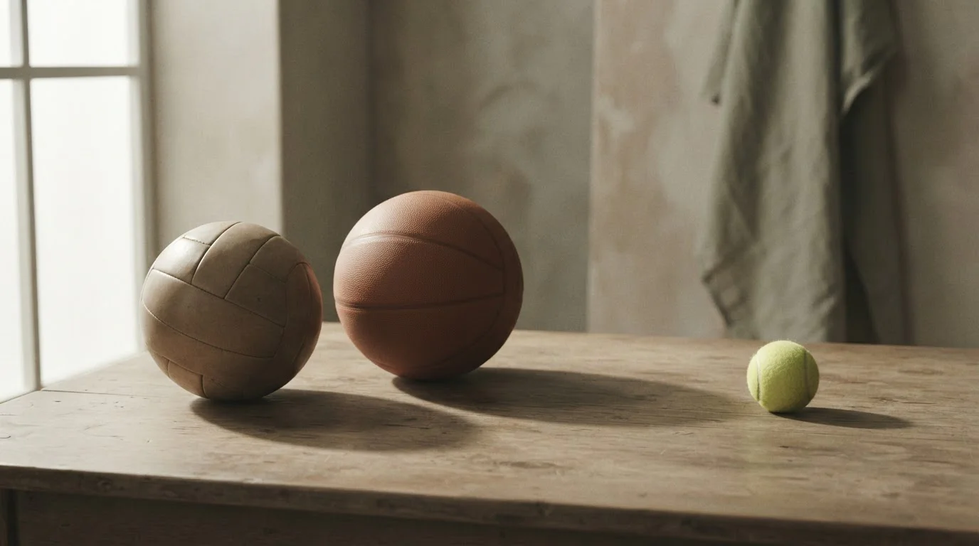 Bodegón sobrio con pelotas deportivas neutras sobre superficie de madera