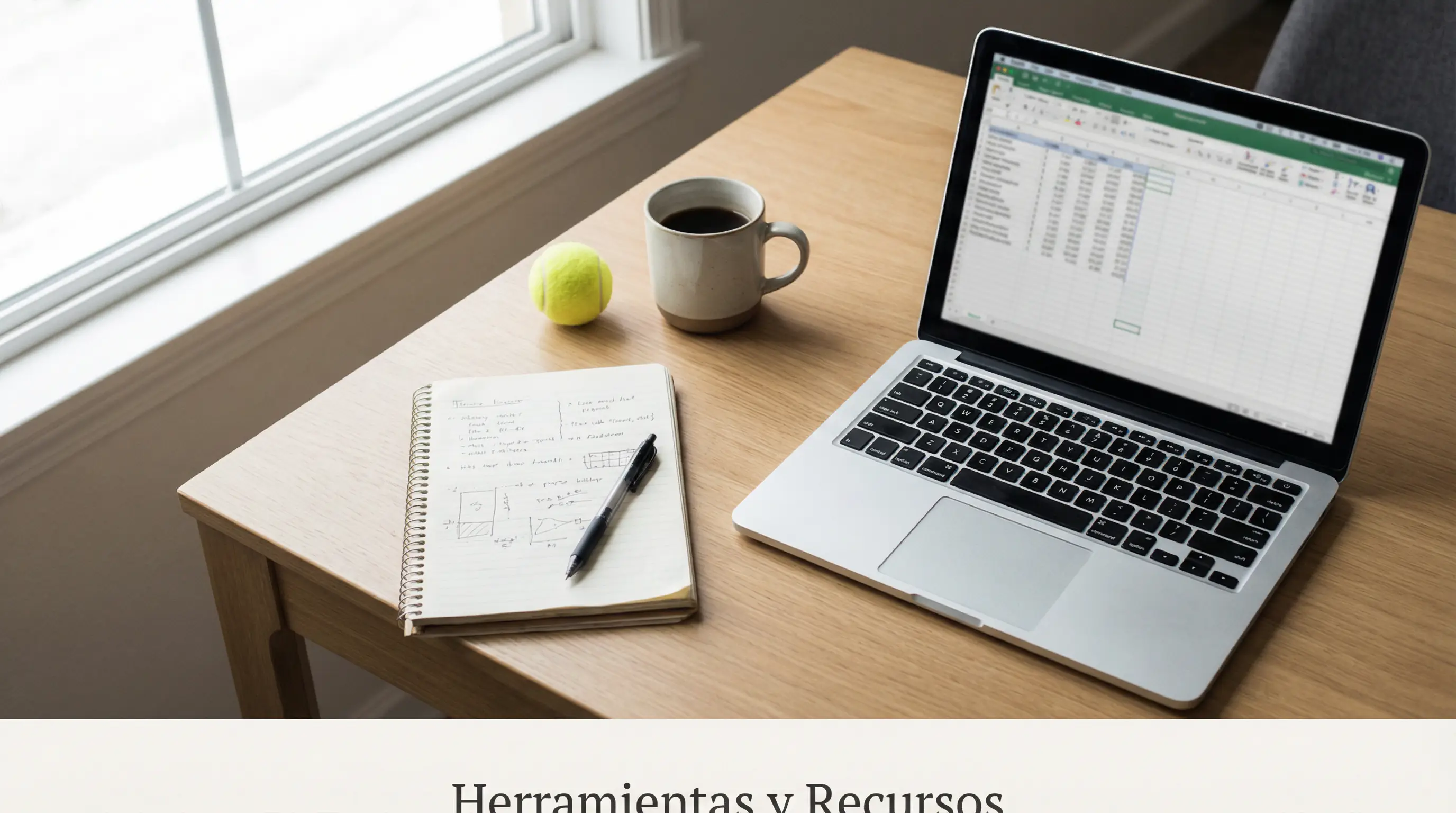 Escritorio con portátil mostrando estadísticas de tenis y bloc de notas