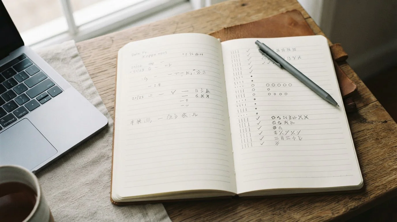 Cuaderno abierto con registro manual de anotaciones junto a un bolígrafo