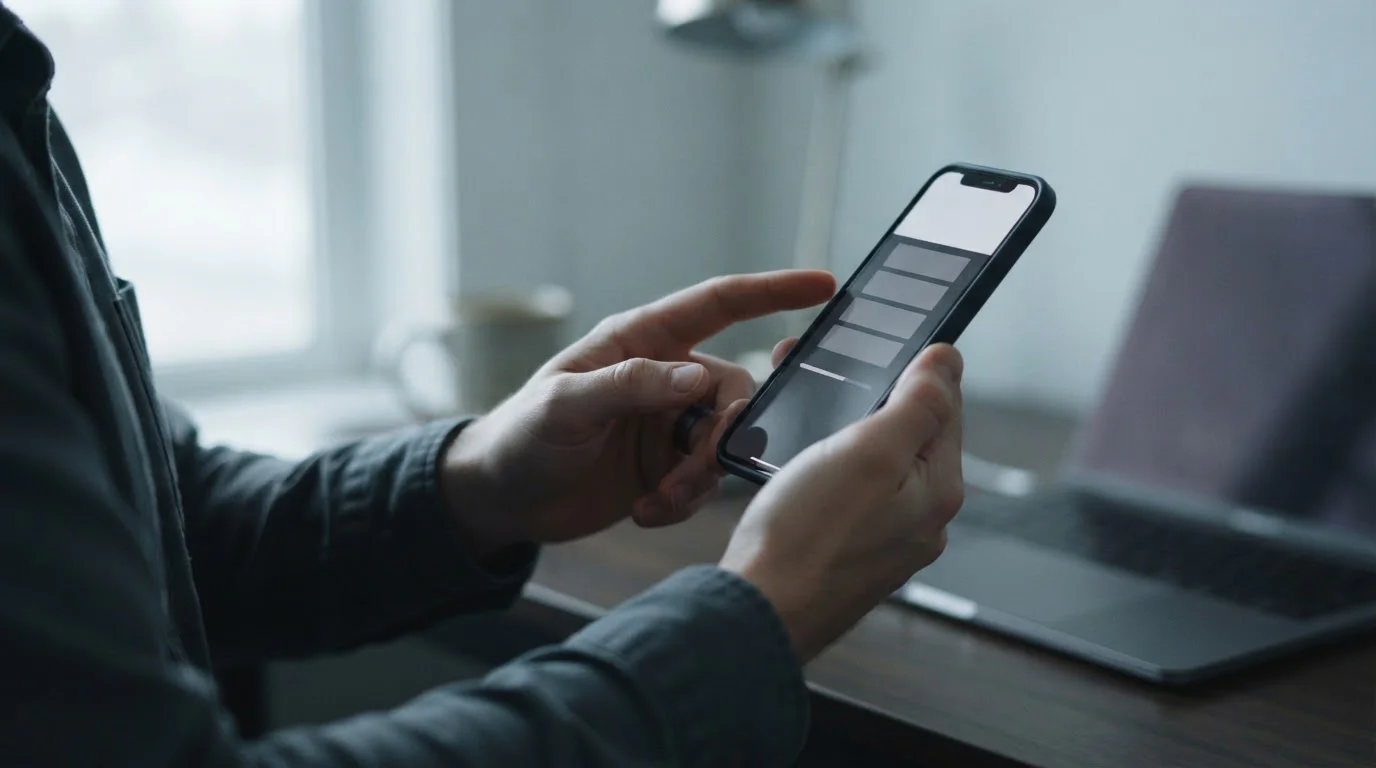 Manos sosteniendo un smartphone con una pantalla neutra de instalación