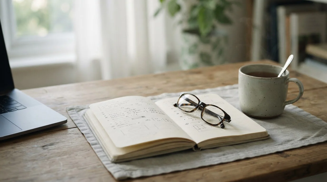 Cuaderno abierto con anotaciones y una taza sobre una mesa junto a una ventana