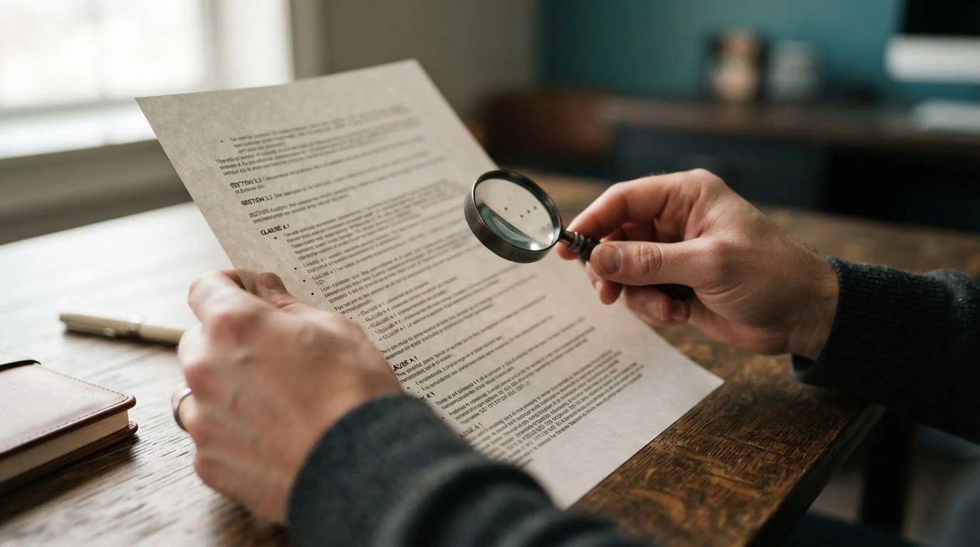 Manos leyendo un documento con condiciones y una lupa sobre el papel