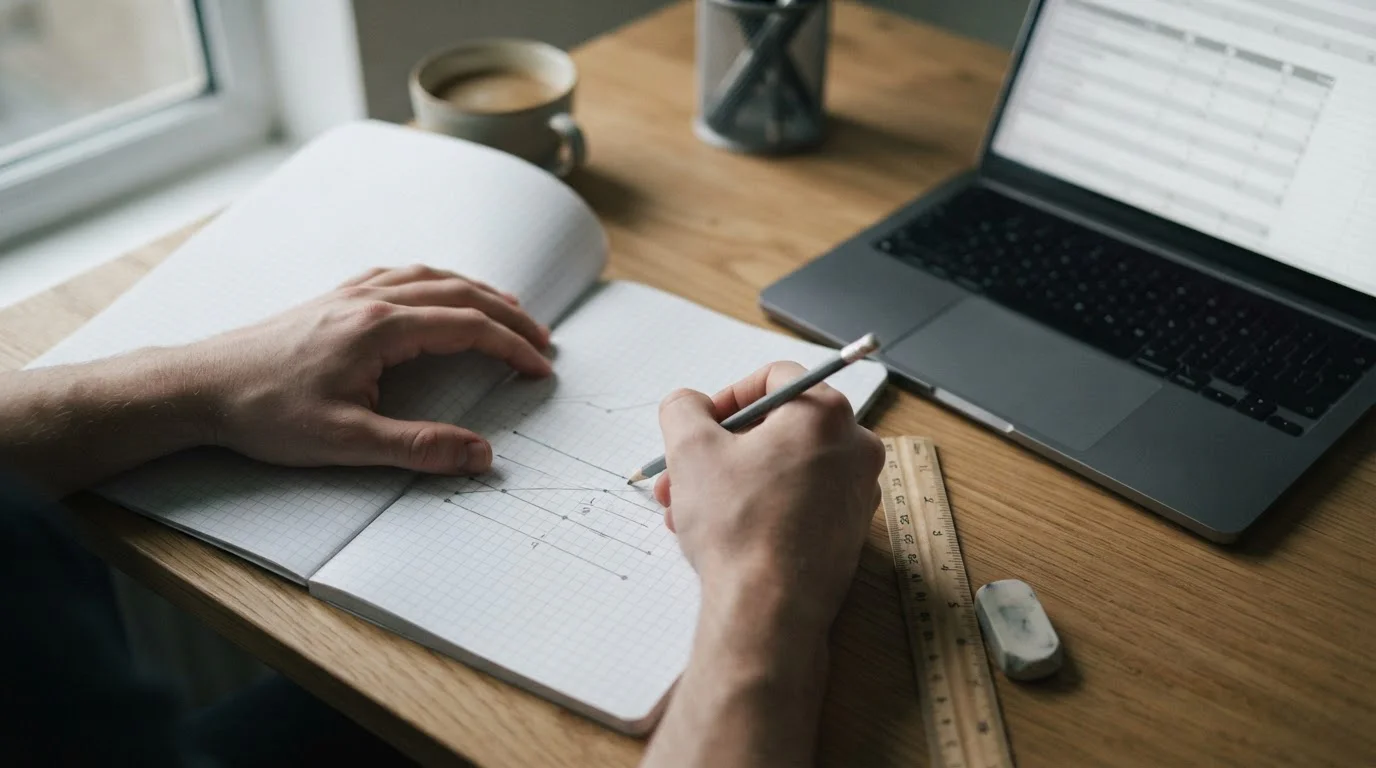 Cuaderno con esquemas de líneas enteras, medias y cuartos