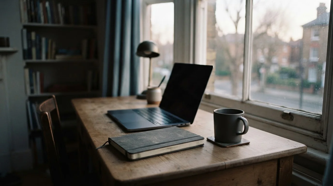 Ventana al atardecer con cuaderno cerrado y taza vacía sobre la mesa