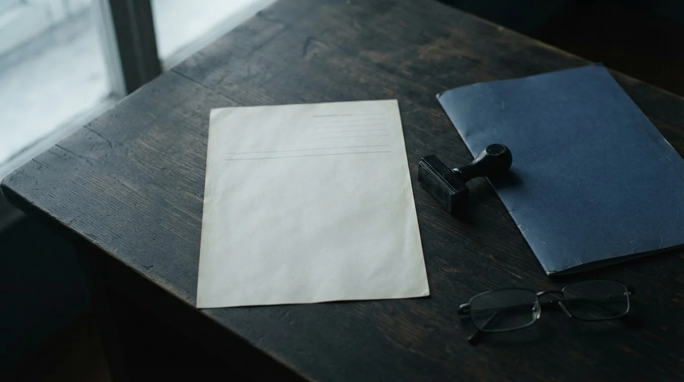Documento oficial en blanco junto a un sello sobre un escritorio sobrio