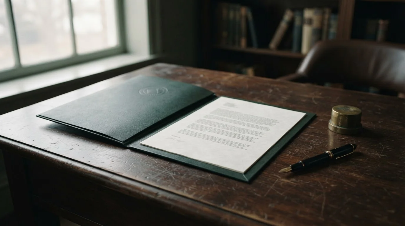 Carpeta con documento legal, sello neutro y bolígrafo sobre escritorio de madera