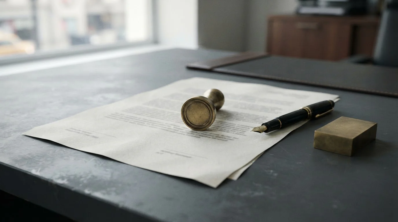 Documento normativo sobre mesa con sello oficial y bolígrafo