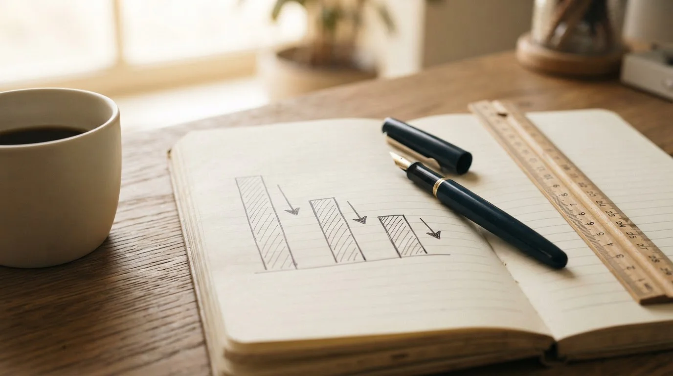 Diagrama sobrio con tres barras decrecientes dibujadas a mano en un cuaderno