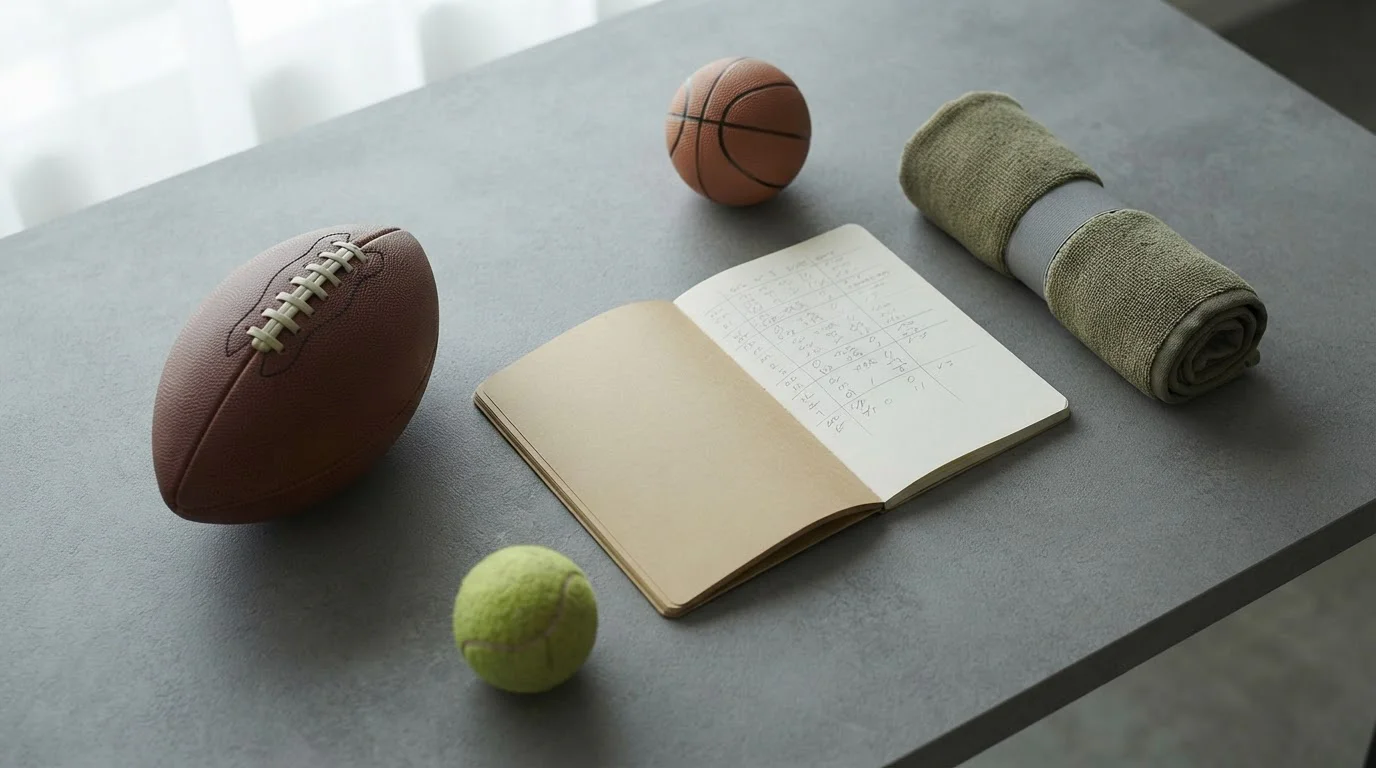 Mesa con equipamiento deportivo variado junto a un cuaderno de análisis