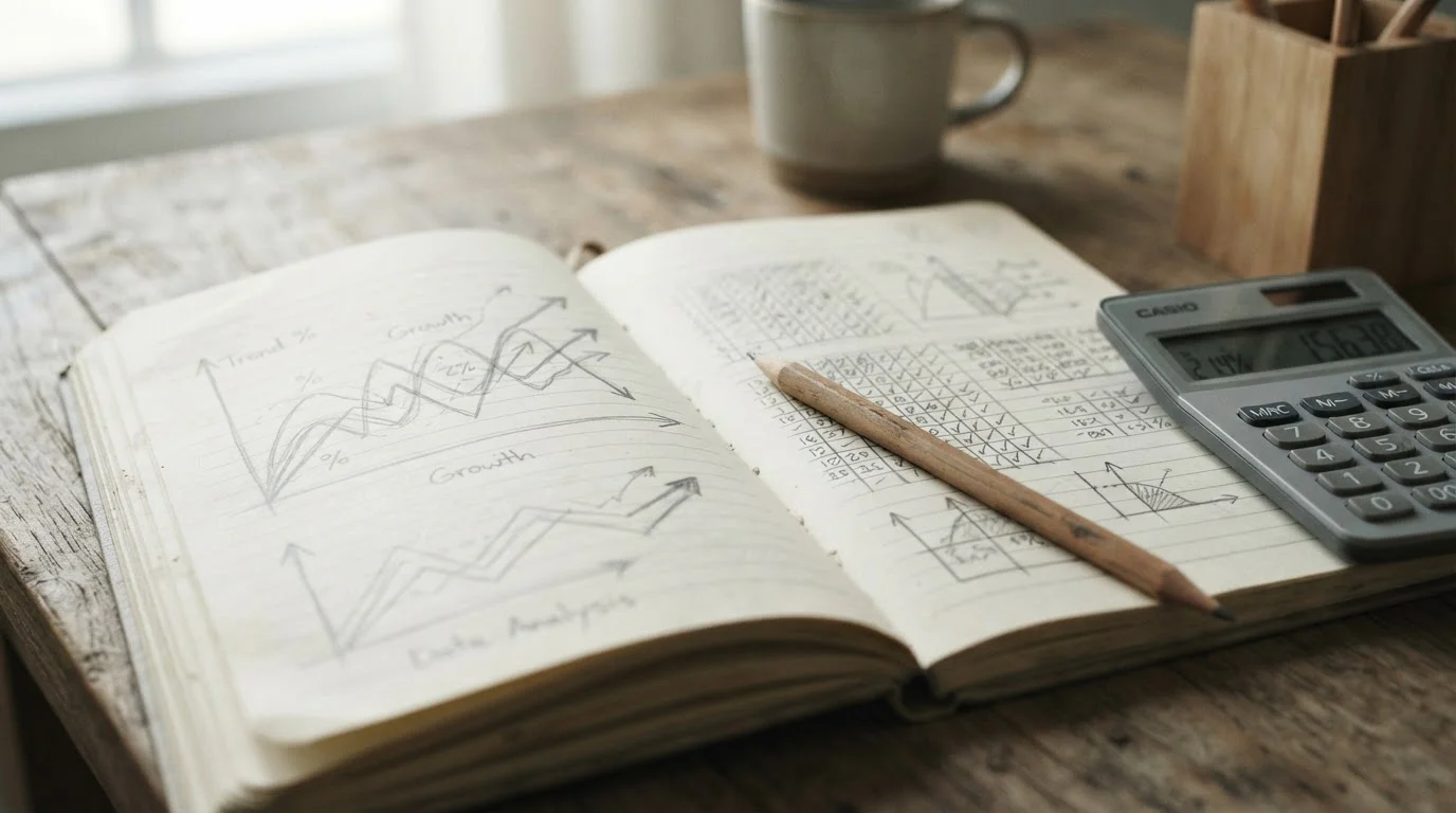Cuaderno con cálculos manuscritos abstractos junto a una calculadora sobre un escritorio