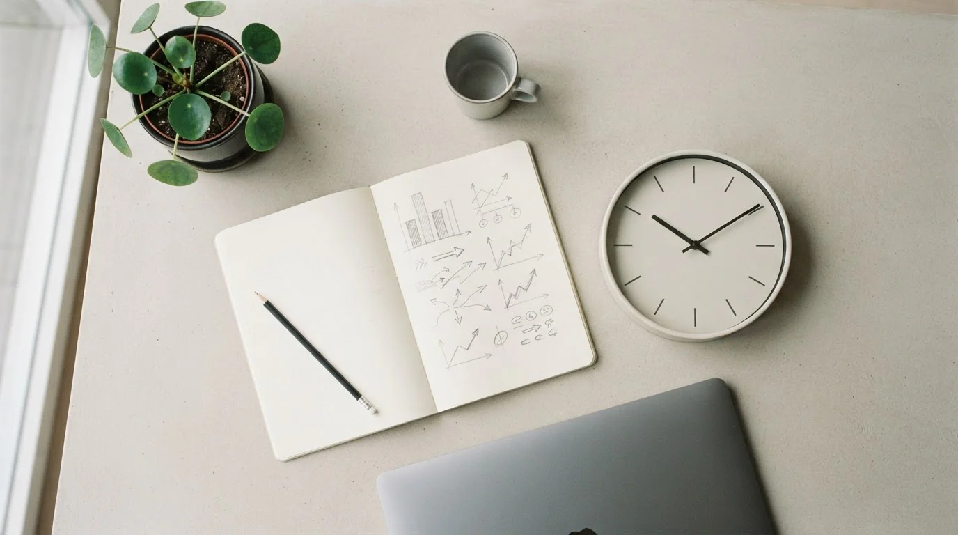 Escritorio con reloj minimalista y cuaderno con columnas comparativas sobre tiempos de pago