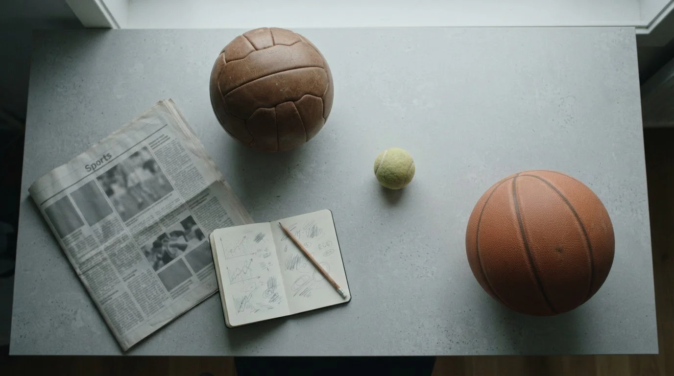 Mesa con objetos que representan varios deportes junto a un cuaderno de notas