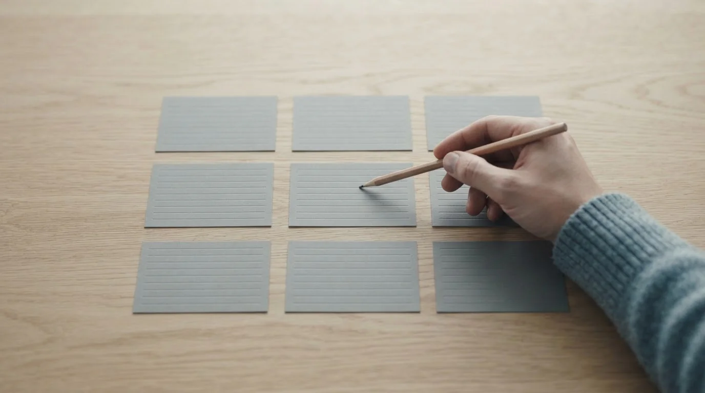 Comparativa visual con nueve tarjetas neutras dispuestas sobre una mesa