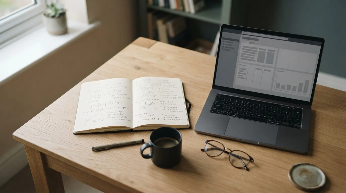 Escritorio con cuaderno de cálculos y portátil con tabla neutra sobre ofertas de apuestas