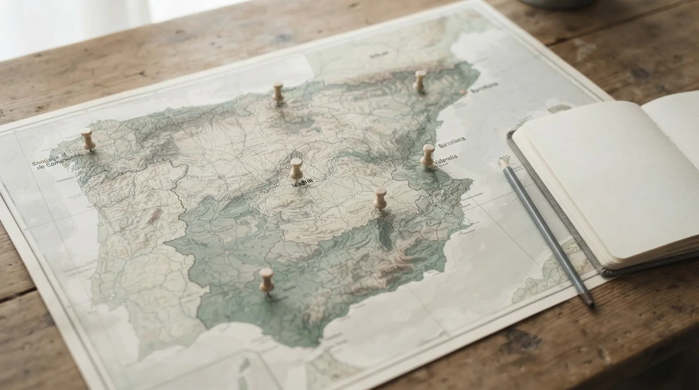 Mapa impreso de España con marcadores neutros sobre un escritorio