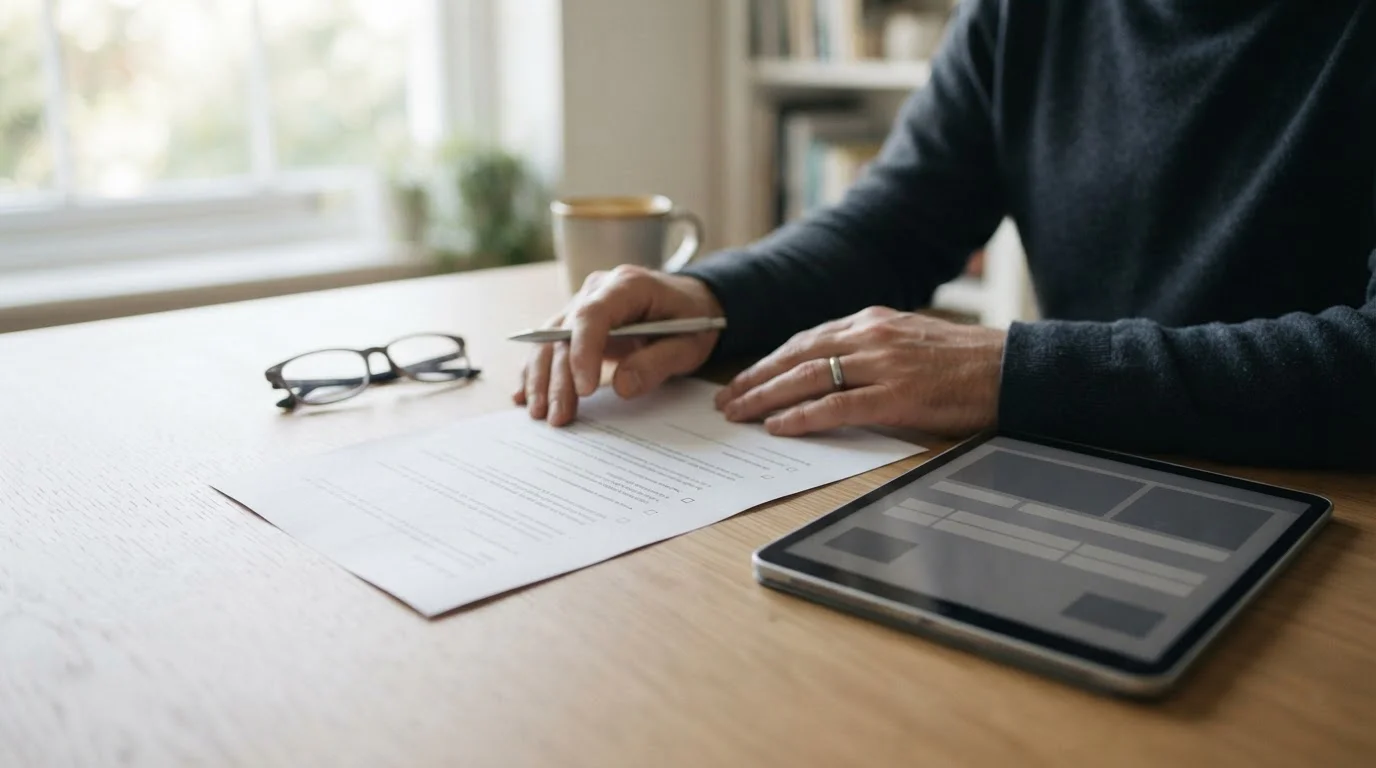 Manos revisando un documento con cláusulas y una tableta con casillas neutras