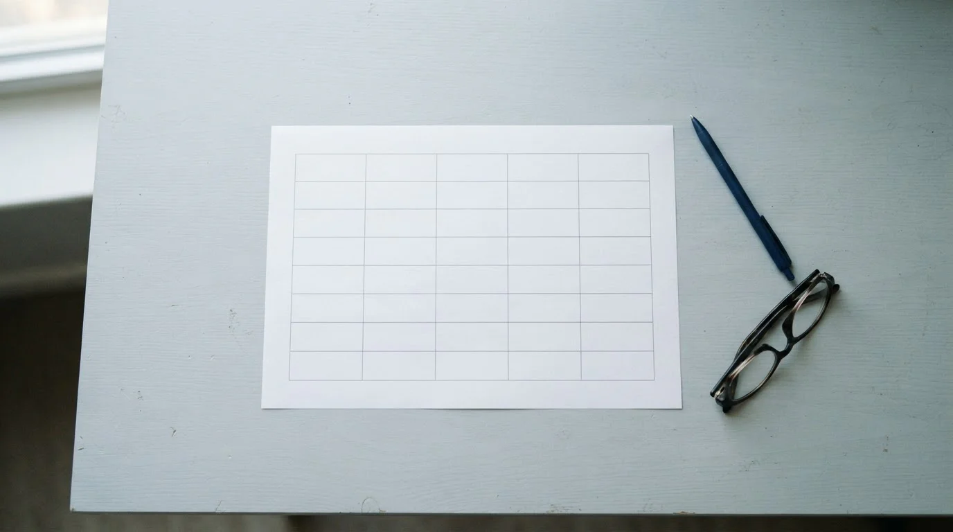 Tabla comparativa neutra impresa con filas y columnas vacías sobre una mesa clara