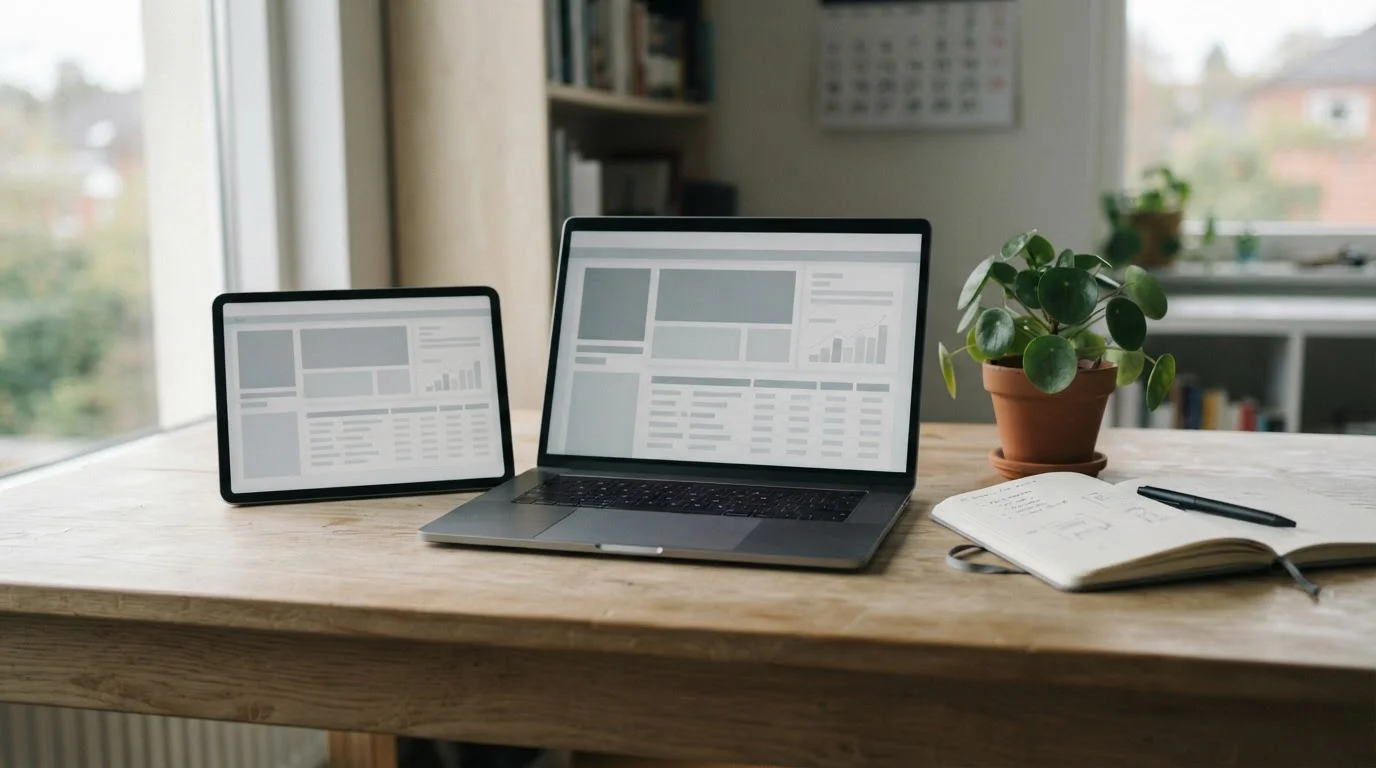 Portátil y tableta sobre un escritorio mostrando interfaces neutras