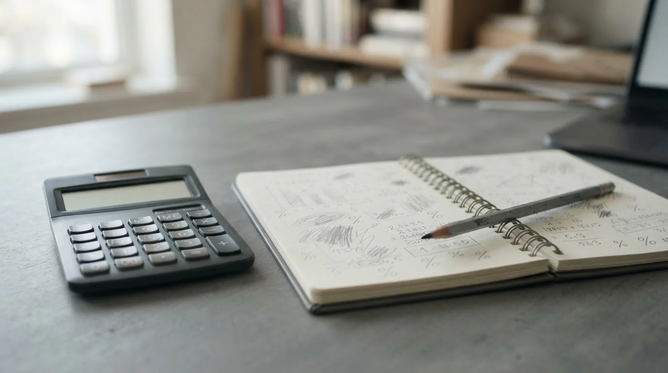 Calculadora y libreta con anotaciones de probabilidades sobre una mesa