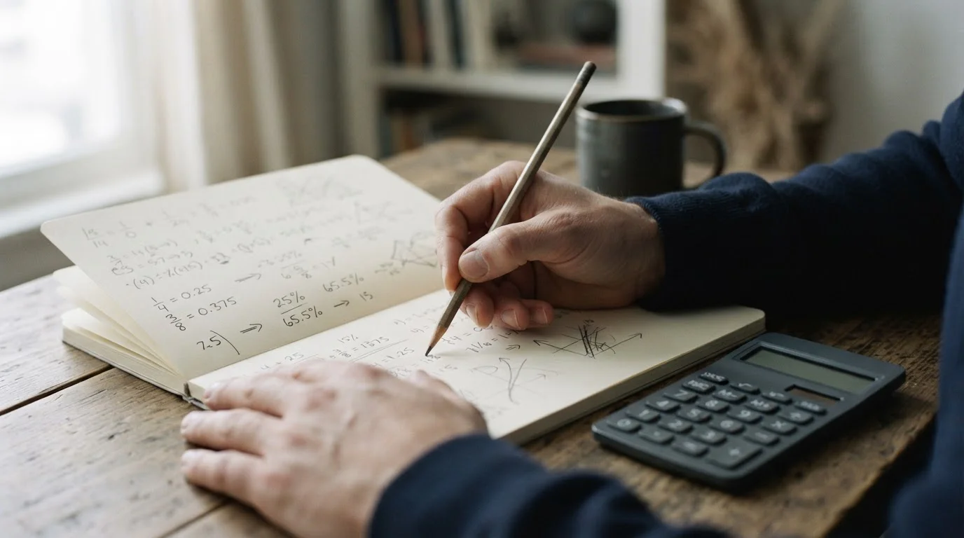 Manos anotando cálculos de probabilidad y valor esperado en un cuaderno
