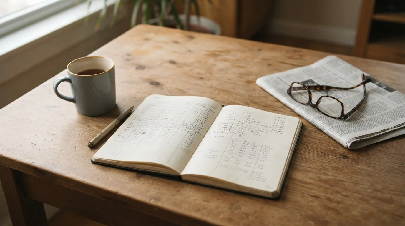 Mesa de trabajo con cuaderno y calculadora para analizar promociones de apuestas