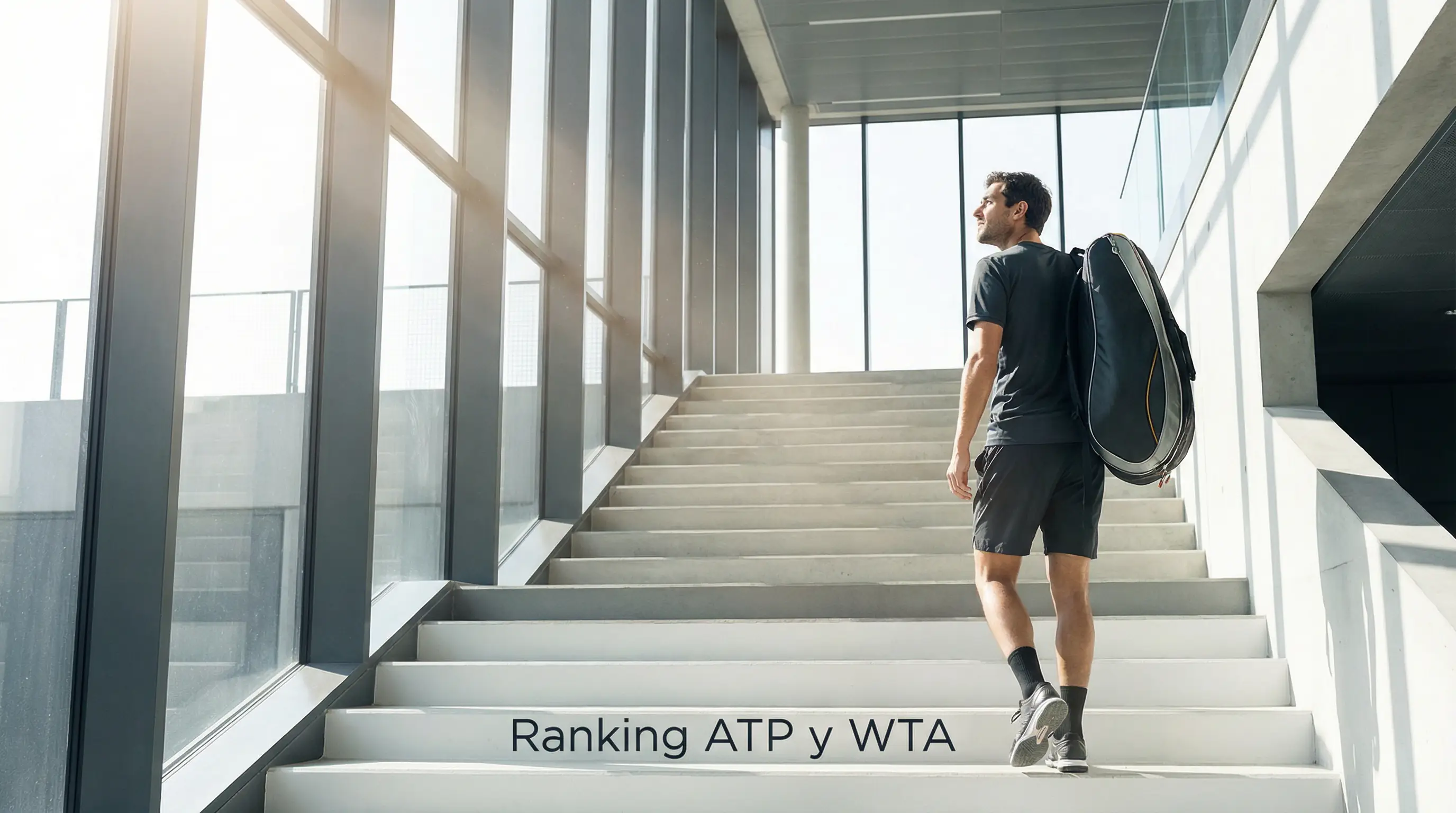 Tenista subiendo posiciones representado en una escalera de pista de tenis