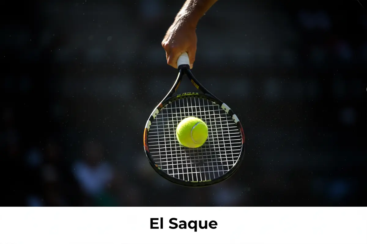 Tenista en el momento exacto del impacto del saque con la raqueta