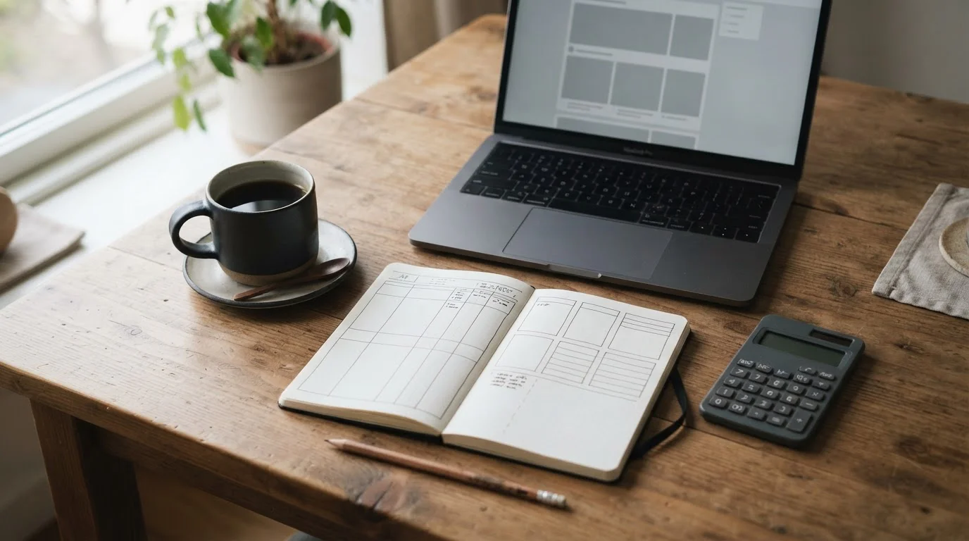 Escritorio de análisis con cuaderno y calculadora para estudiar apuestas de sistema