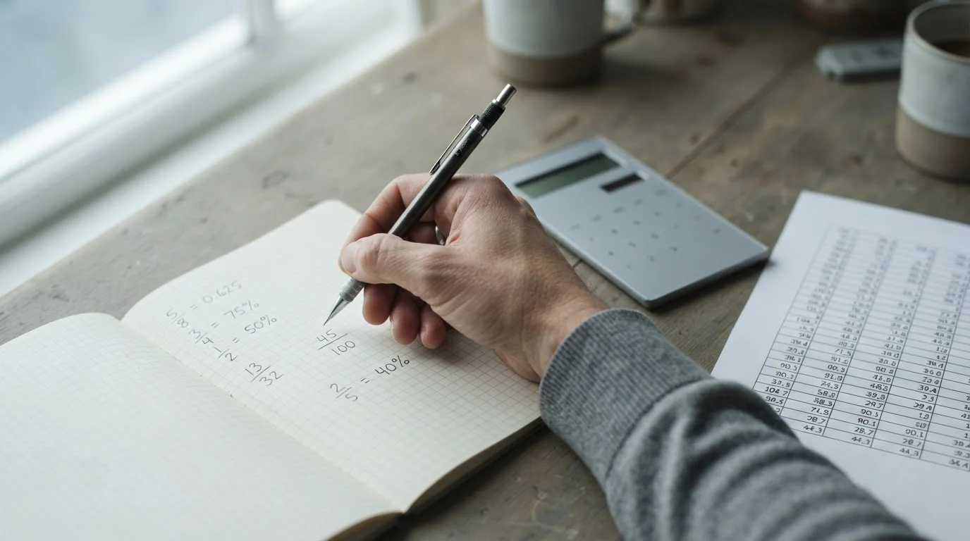 Mano anotando fracciones y porcentajes en un cuaderno junto a una calculadora