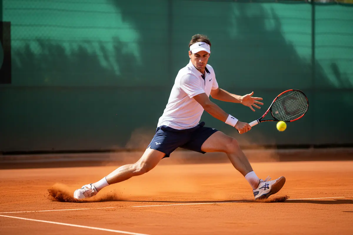 Jugador de tenis deslizándose sobre tierra batida para devolver una bola durante un partido