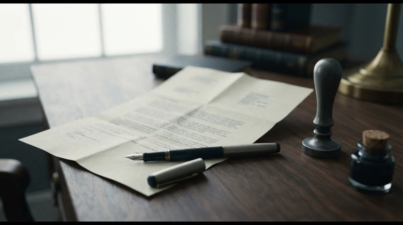Documento legal doblado junto a un sello y una pluma sobre escritorio sobrio