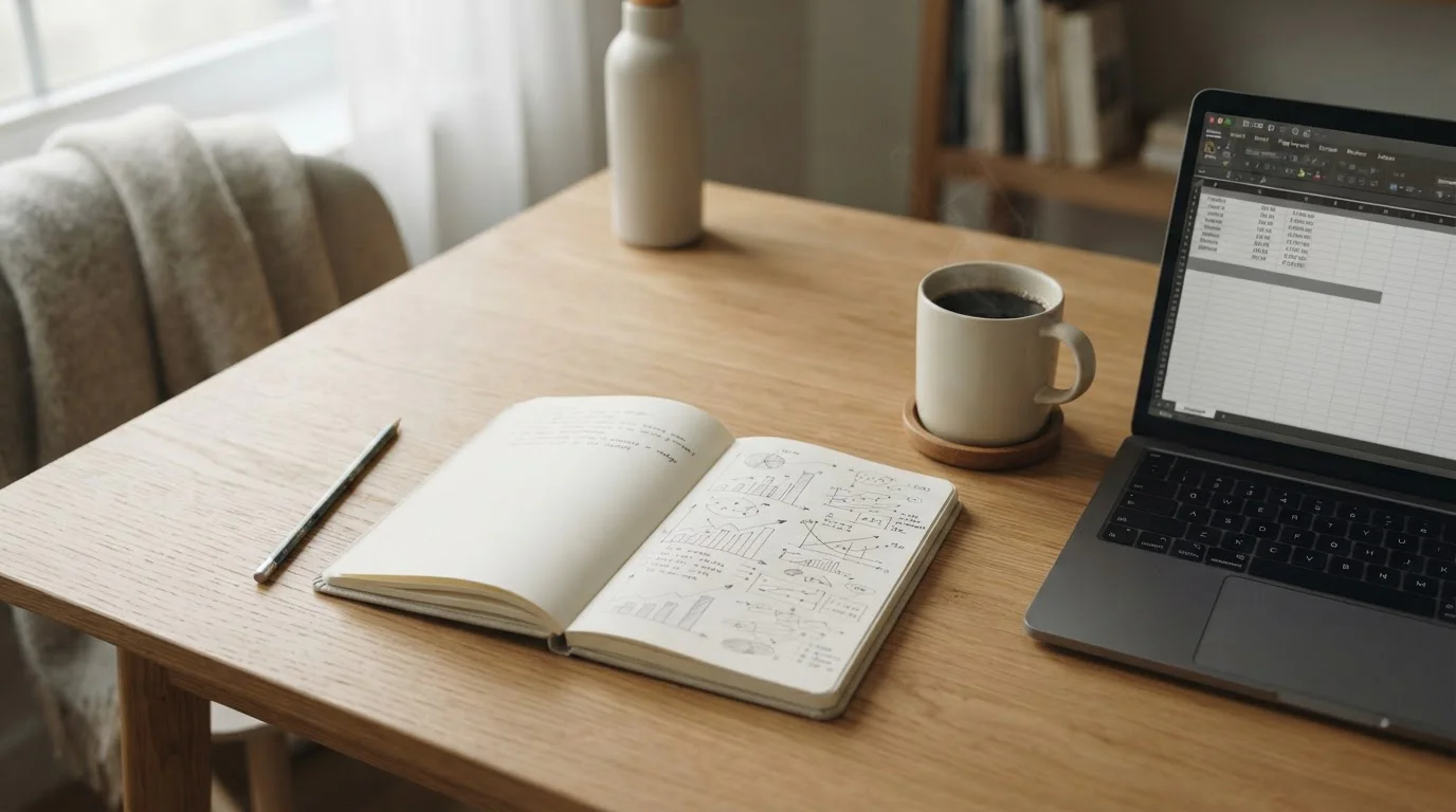 Escritorio de análisis de apuestas deportivas con cuaderno y pantalla neutra