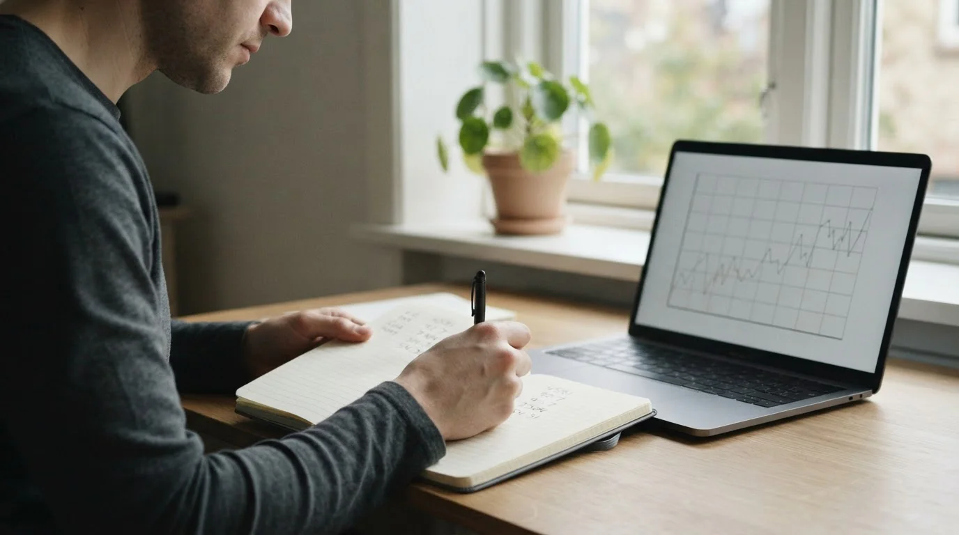Manos anotando cifras en un cuaderno junto a una pantalla con gráficos neutros