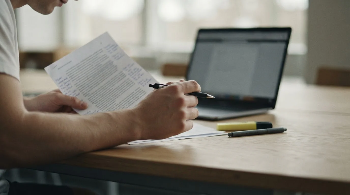 Manos leyendo un documento impreso con condiciones y anotaciones al margen