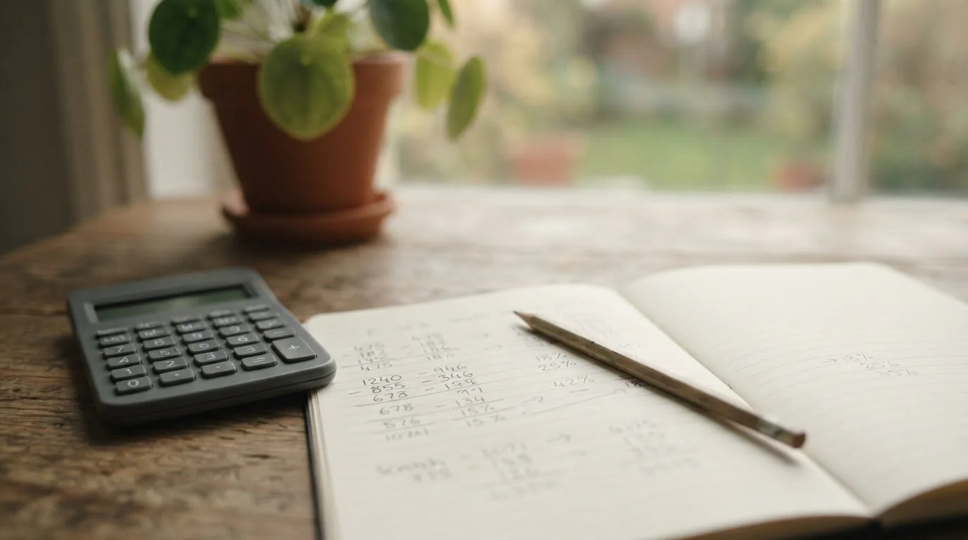 Calculadora sencilla y hoja con cálculos manuscritos sobre mesa clara